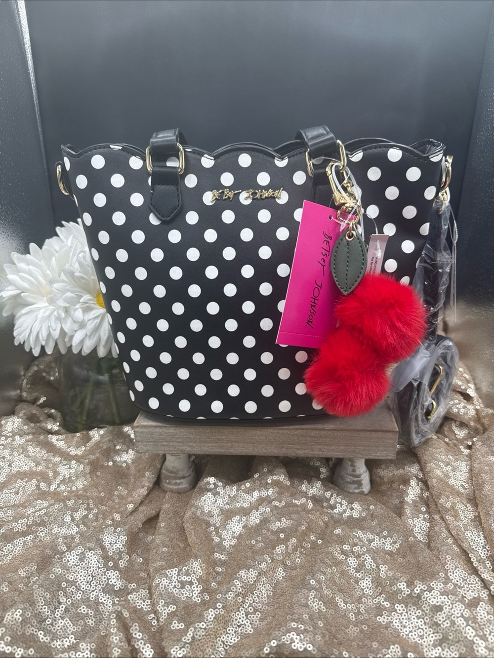 Betsey Johnson Black White Polka Dot Handbag with Red Cherries Pom Charm